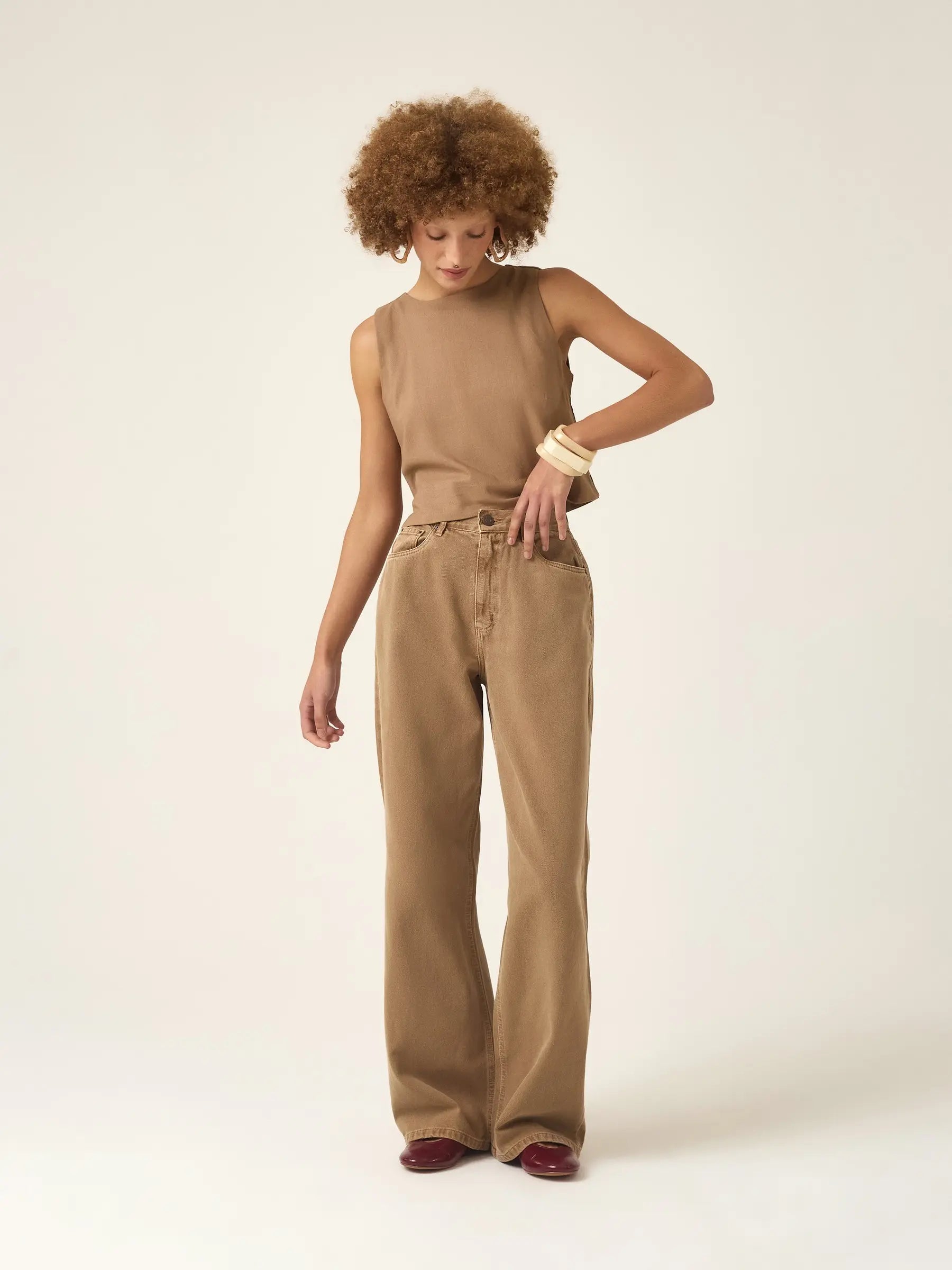 Calça Jeans Wide Leg Buriti Marrom Claro