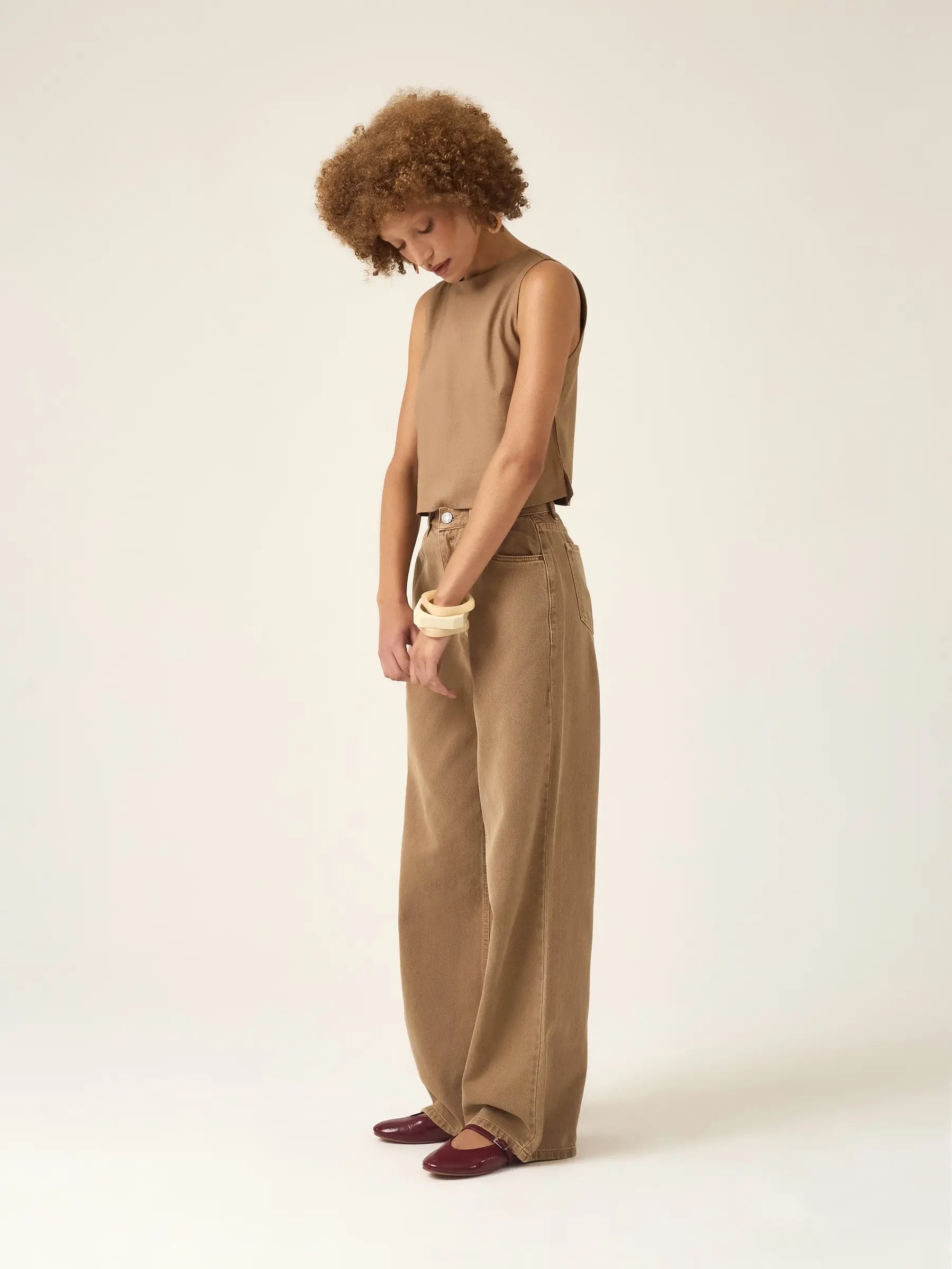 Calça Jeans Wide Leg Buriti Marrom Claro