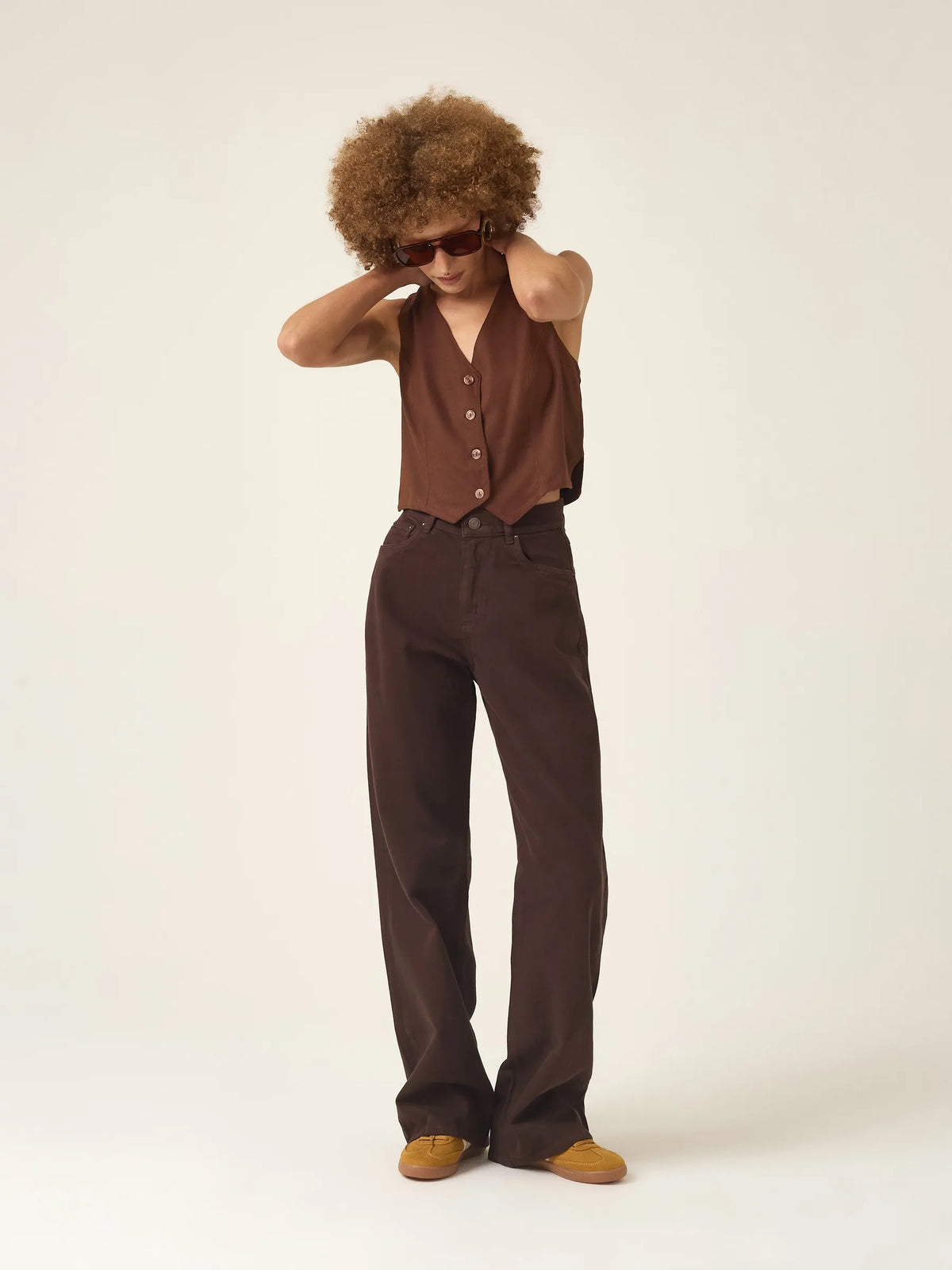 Calça Jeans Wide Leg Buriti Marrom Escuro