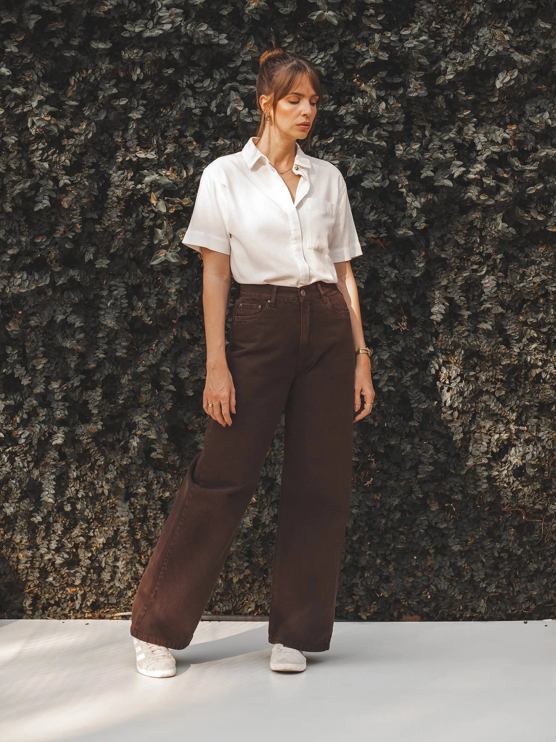 Calça Jeans Wide Leg Buriti Marrom Escuro